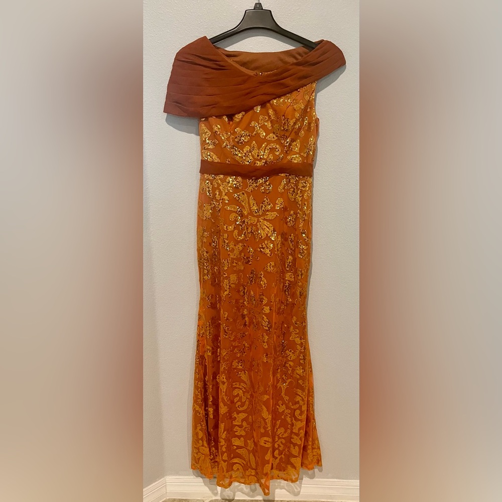 Burnt Orange Sequin Mermaid MOB and MOG Dresses for Women Chiffon Off Shoulder - Picture 4 of 5